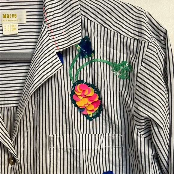 Anthropologie Maeve Embroidered Striped Boxy Buttondown Shirt Top XS 2 - Picture 5 of 15